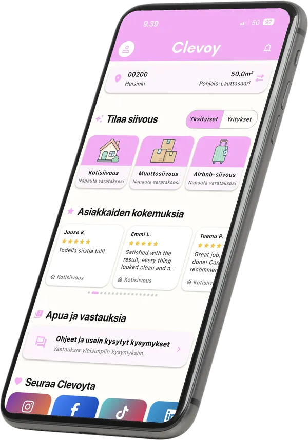 Asiakkaiden arvosteluja ja siivouspalvelut Clevoyn sovelluksessa puhelimen näytöllä