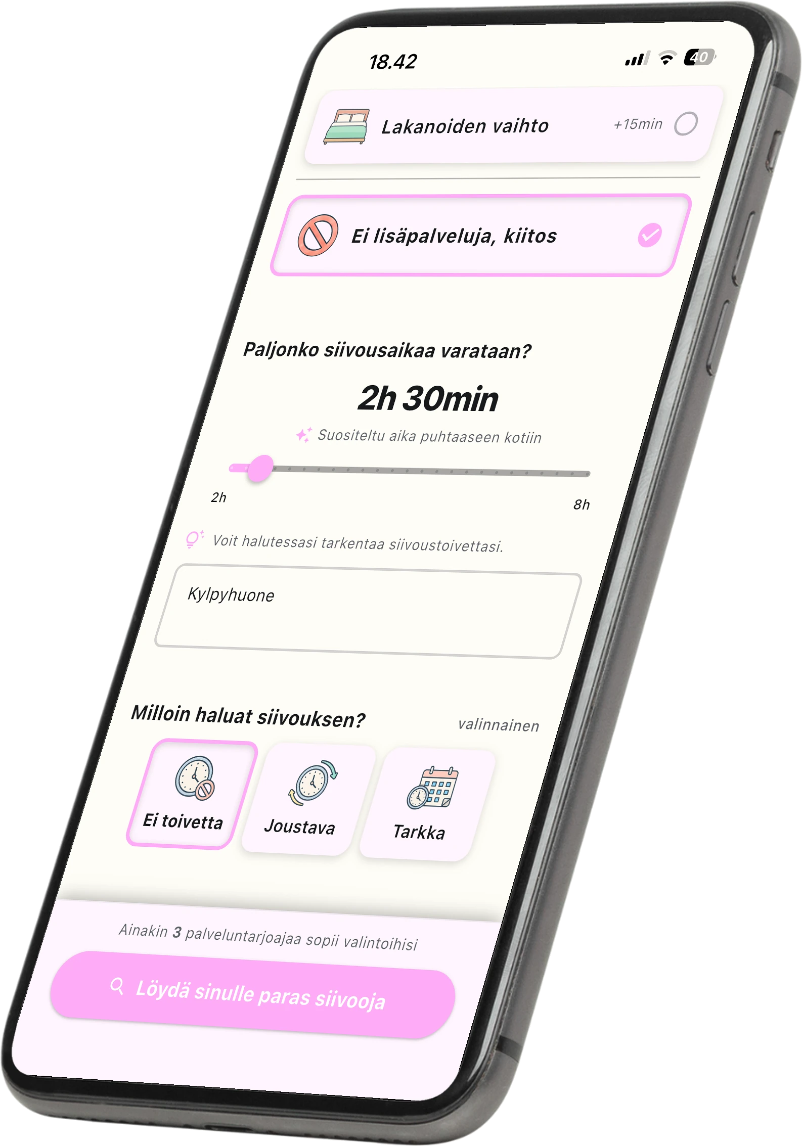 Airbnb-siivouksen keston, toiveiden ja ajankohdan valinta Clevoyn sovelluksessa