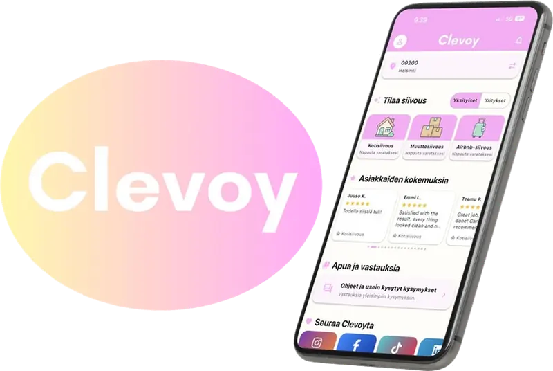 Clevoyn logo ja Clevoyn sovellus puhelimessa, josta voi tilata kotisiivouksen Tampereella